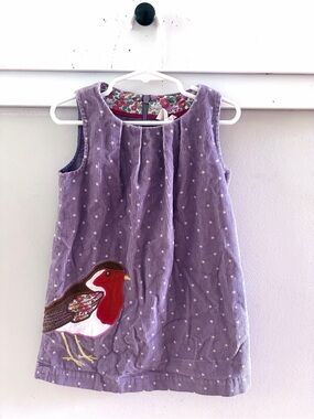 Mini Boden Purple Corduroy Robin Bird Star Print Jumper Dress Size 3-4 Year
